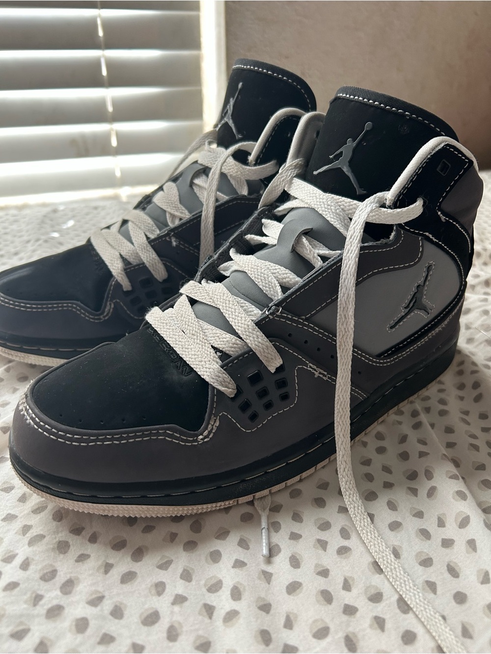 Jordan mens 1 flight mid Sneakers in Black and Gray with White Laces